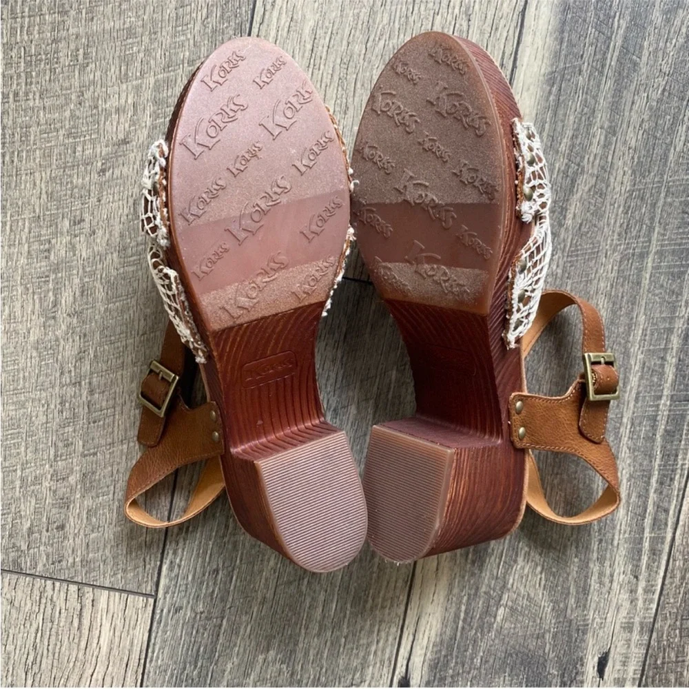 NWT Korks Natalia Cream Crochet Lace Sandals Heel Platform Brown Tan Leather 11